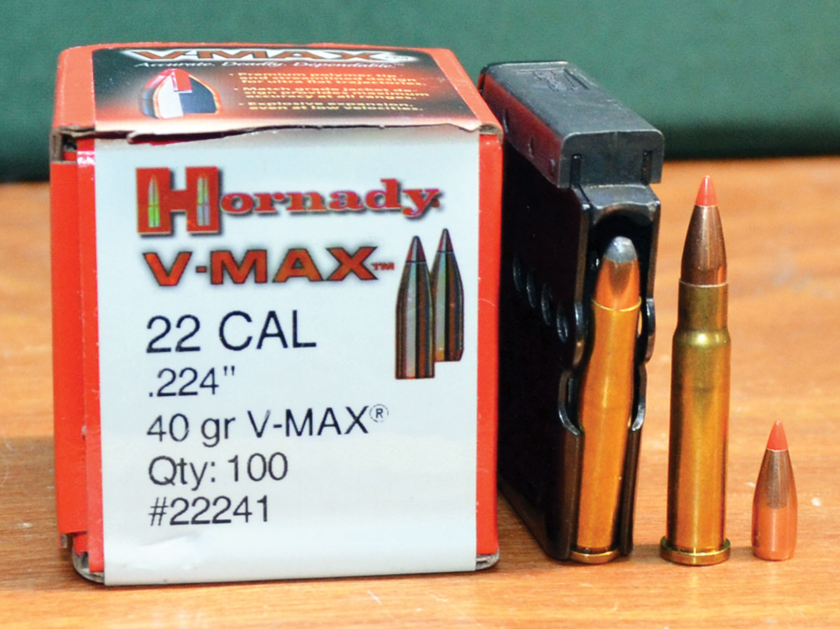The Hornady 40-grain V-MAX is too long to be stabilized by the 1:16 twist of most barrels in 22 Hornet as well as those that have been rechambered to 22 Hornet Improved. Seating it in the case with its ogive positioned forward of the mouth of the case results in a cartridge that is too long to be accepted by the magazines of most Hornet rifles, including this magazine from an Anschutz Model 1730.